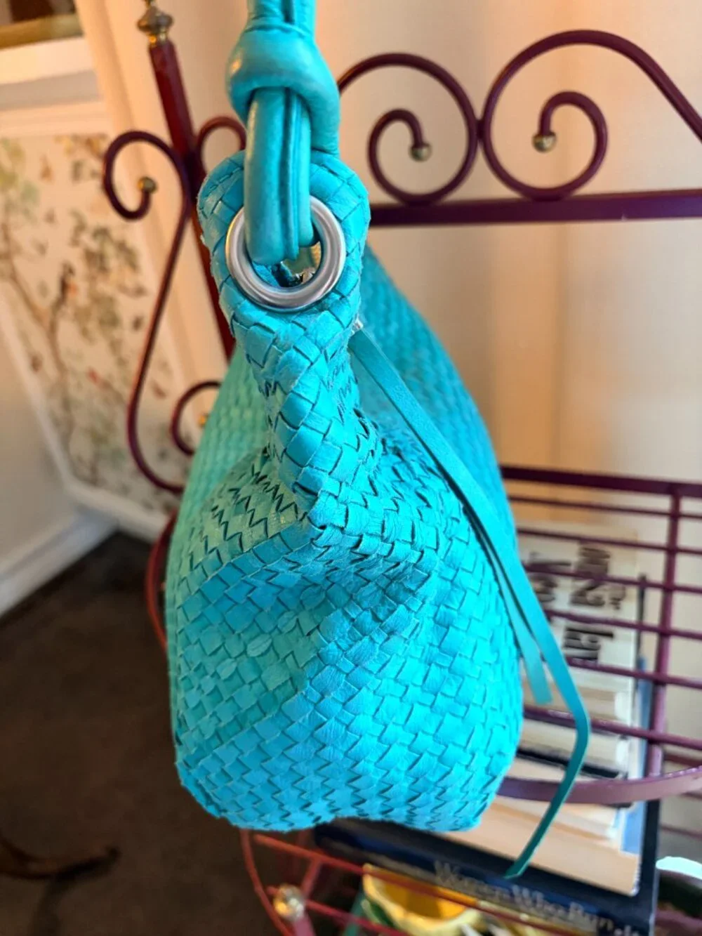 Elliot Lucca Woven Leather Turquoise Green Hobo Bag